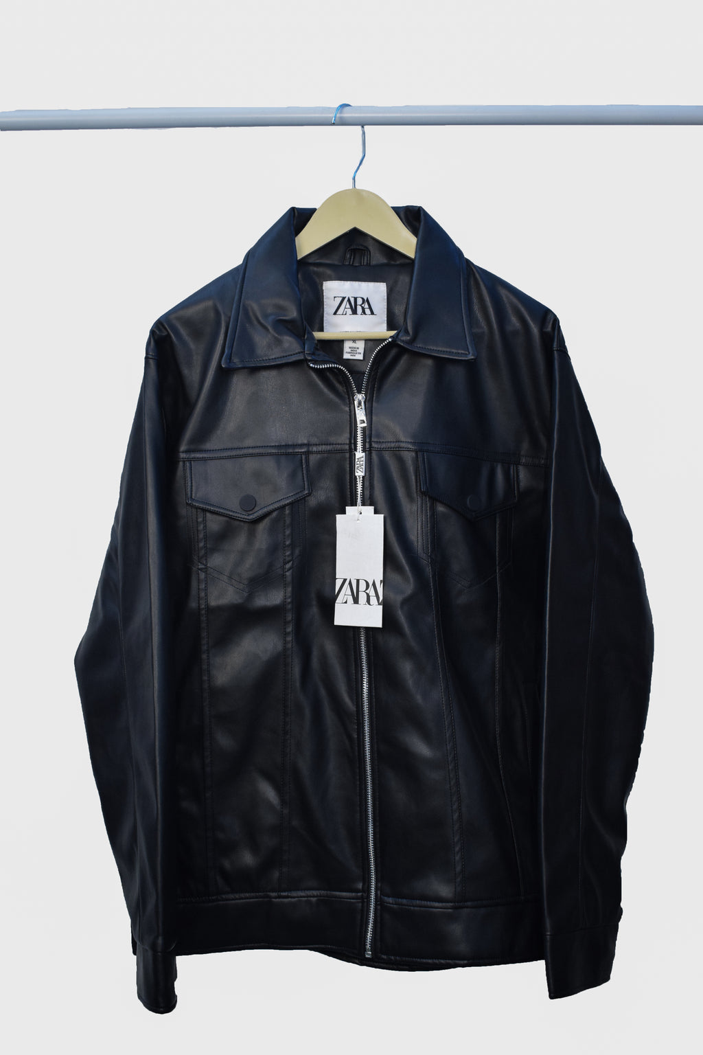 Men's Black Faux Leather Jacket with Front Zip