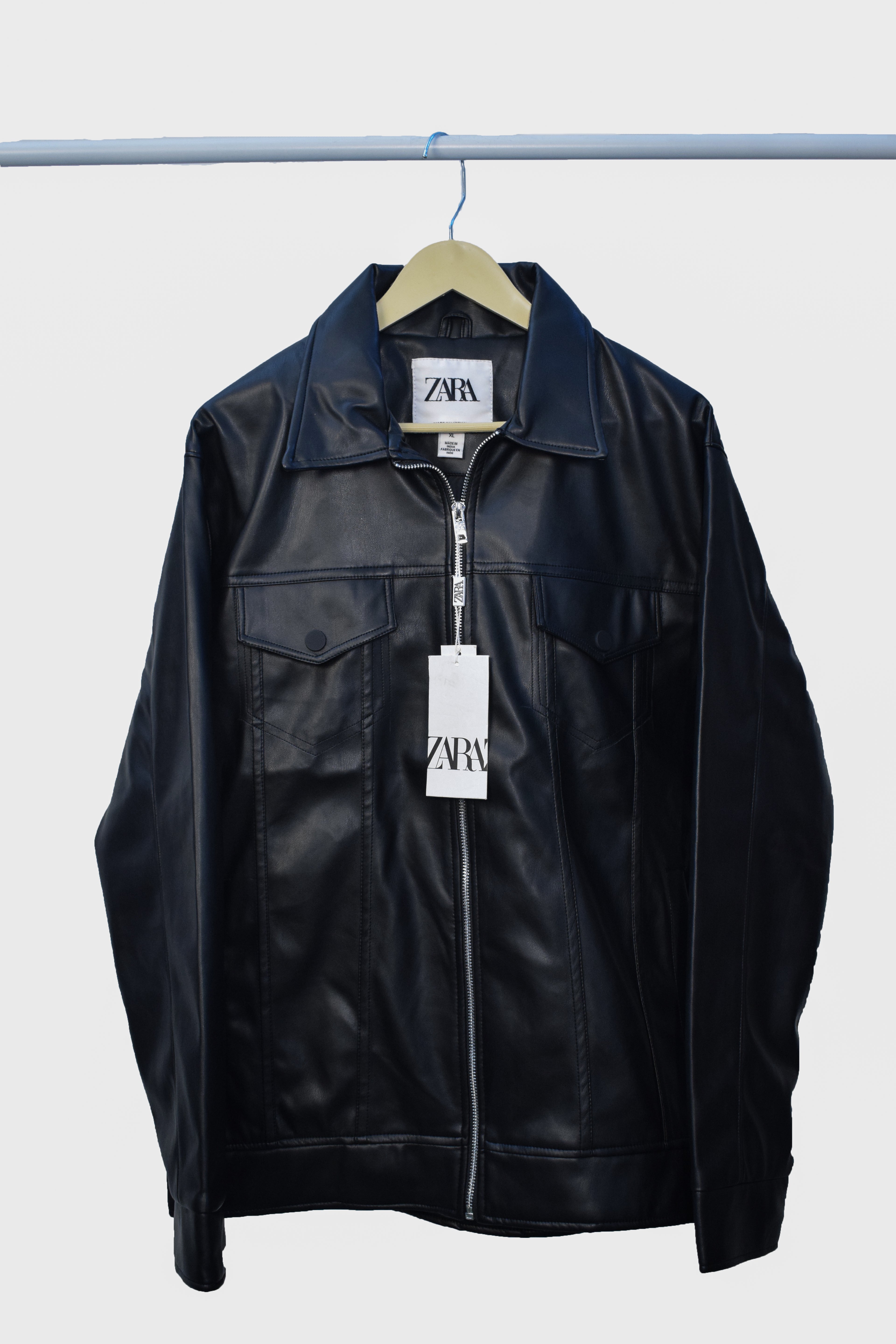 Men's Black Faux Leather Jacket with Front Zip