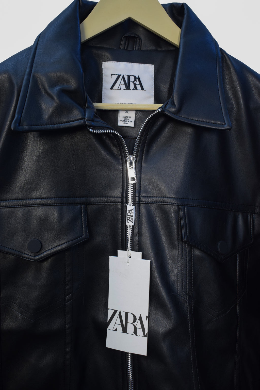 Men's Black Faux Leather Jacket with Front Zip