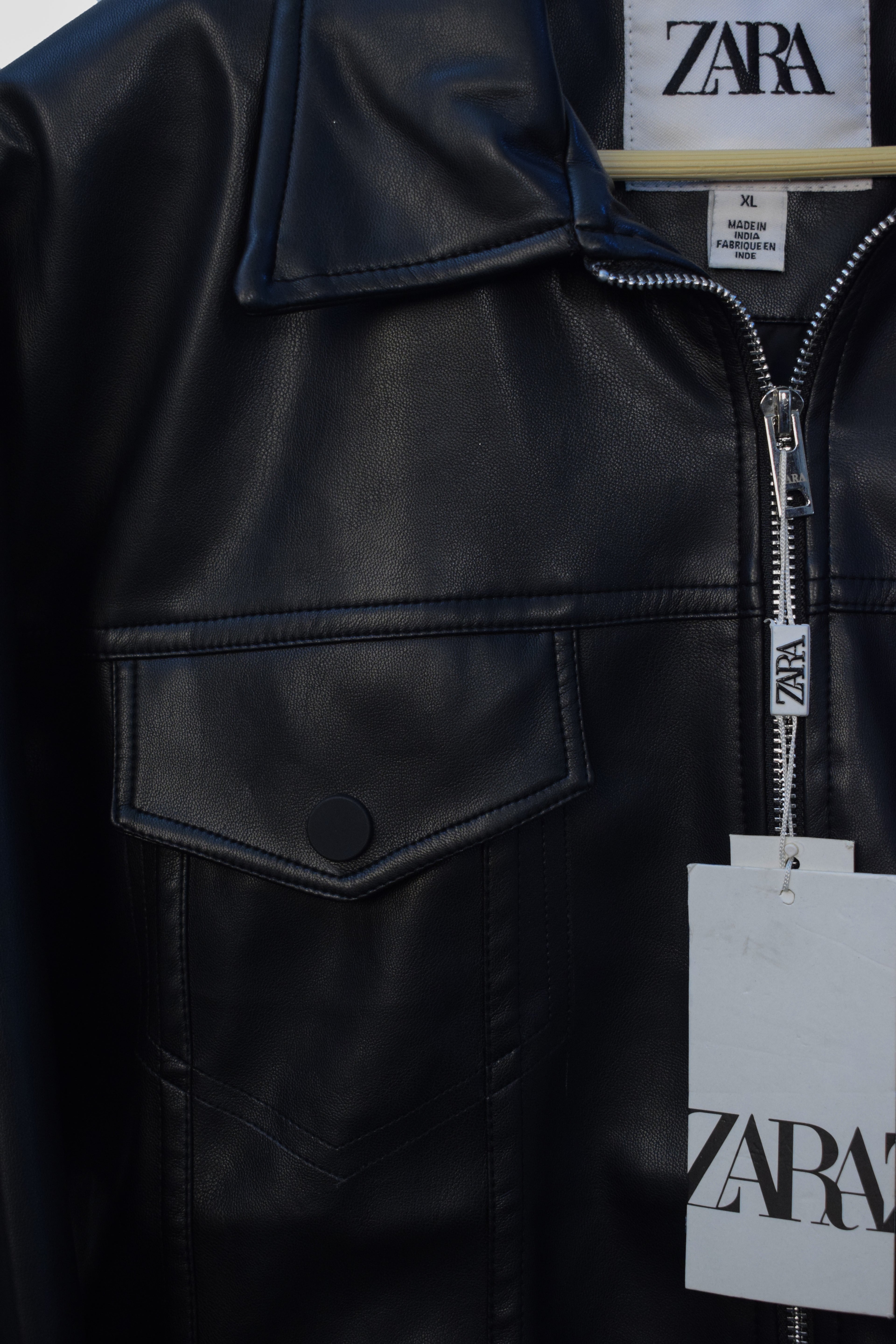 Men's Black Faux Leather Jacket with Front Zip