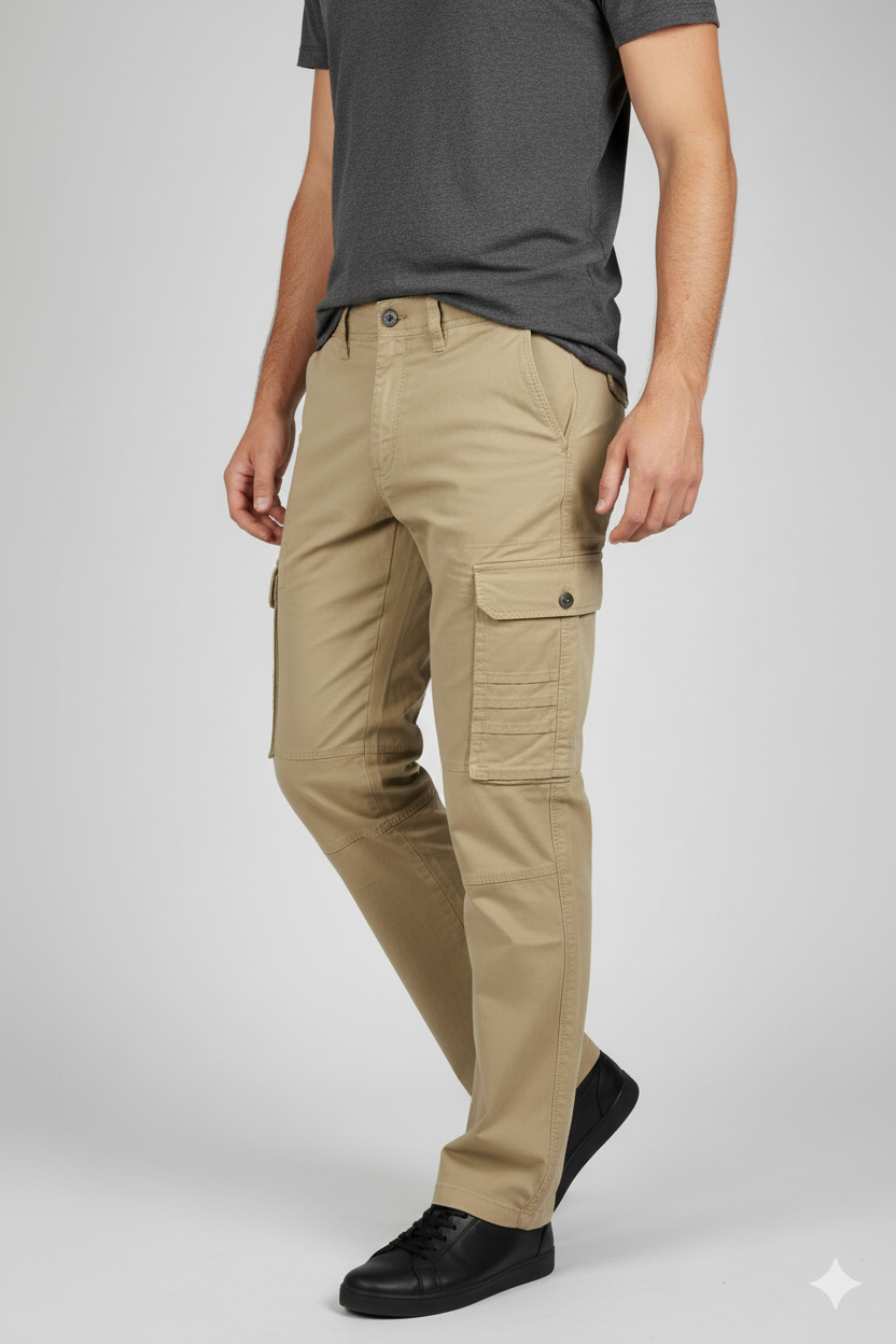 Person wearing beige cargo pants and a gray shirt on a white background