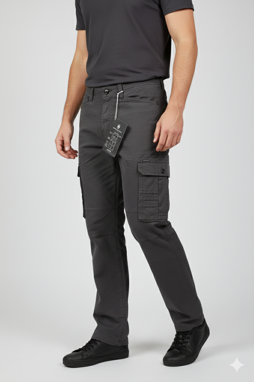 Person wearing dark gray cargo pants with a visible brand tag on a white background