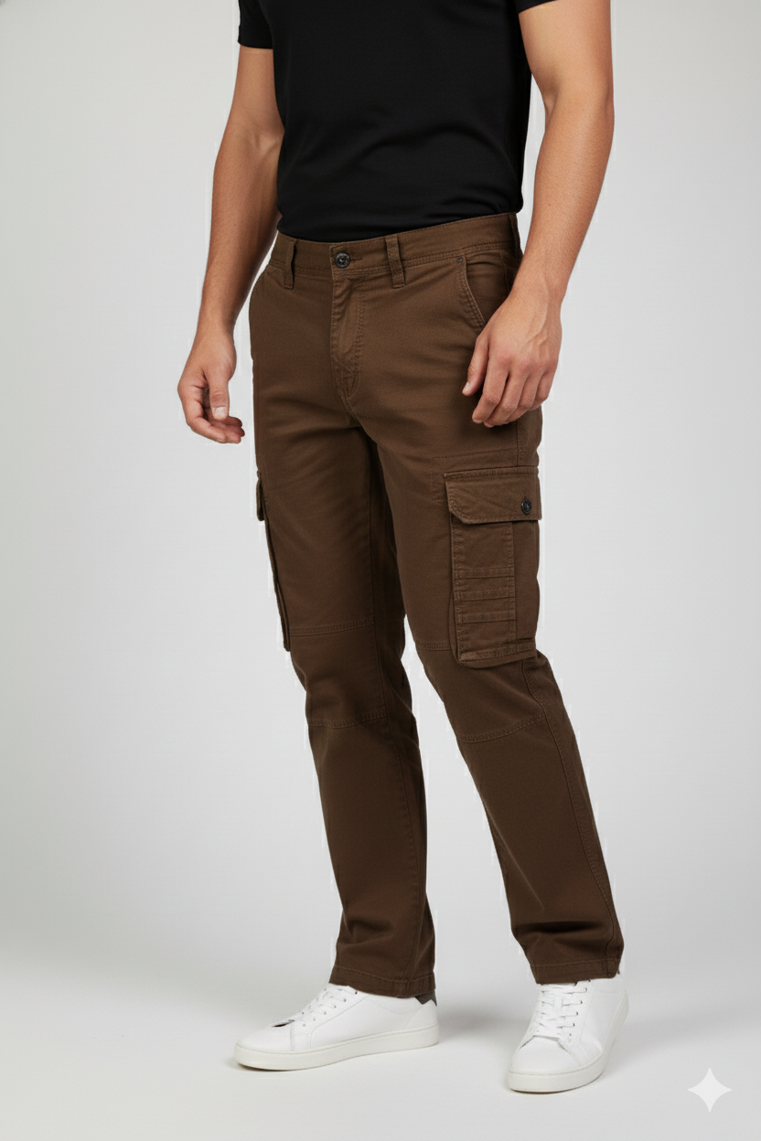 Person wearing brown cargo pants and white sneakers on a white background