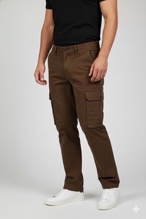 Person wearing brown cargo pants and white sneakers on a white background