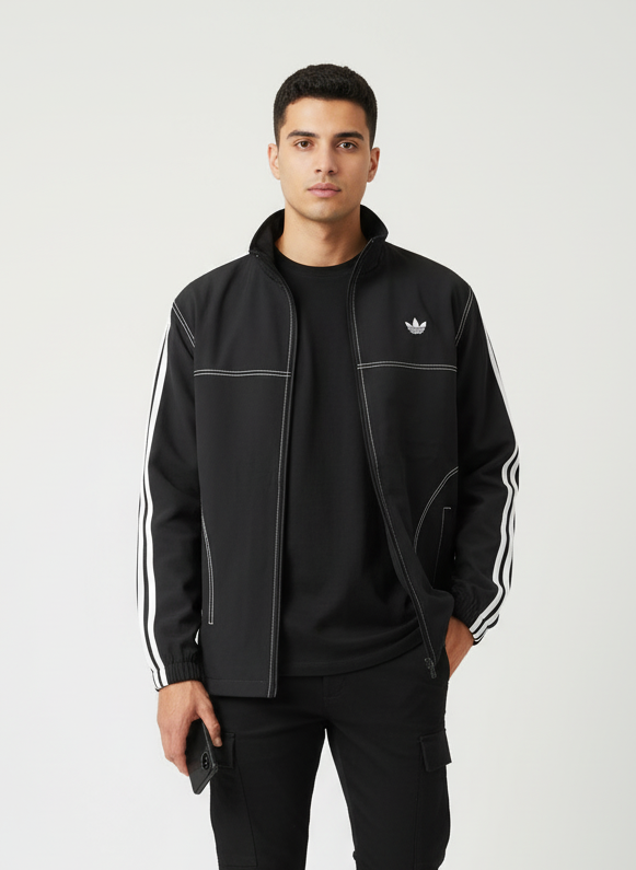 Man wearing a black Adidas tracksuit on a white background