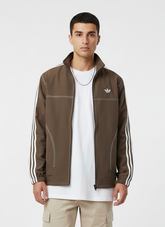 Man wearing a brown Adidas jacket with white stripes on a white background