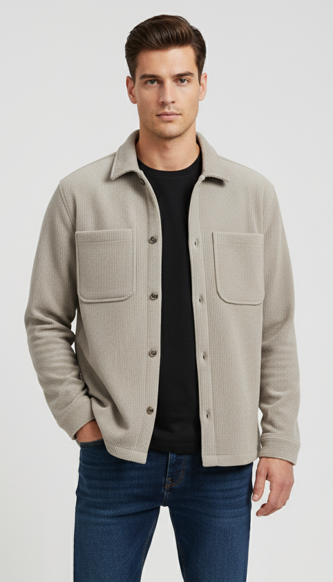 Man wearing a gray shacket, black shirt, and blue jeans on a white background