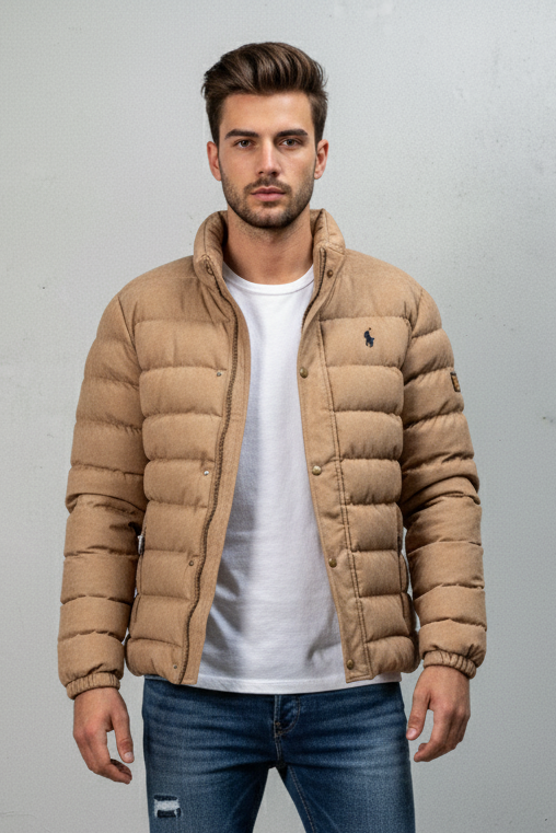 Man wearing a beige puffer jacket on a gray background