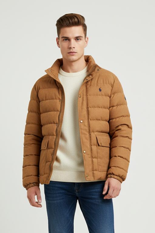 Man wearing a Light brown puffer jacket, white shirt, blue jeans, and white sneakers on a white background