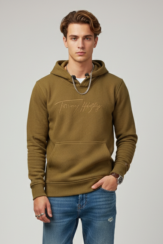 Men wearing a waffle knit hoodie 