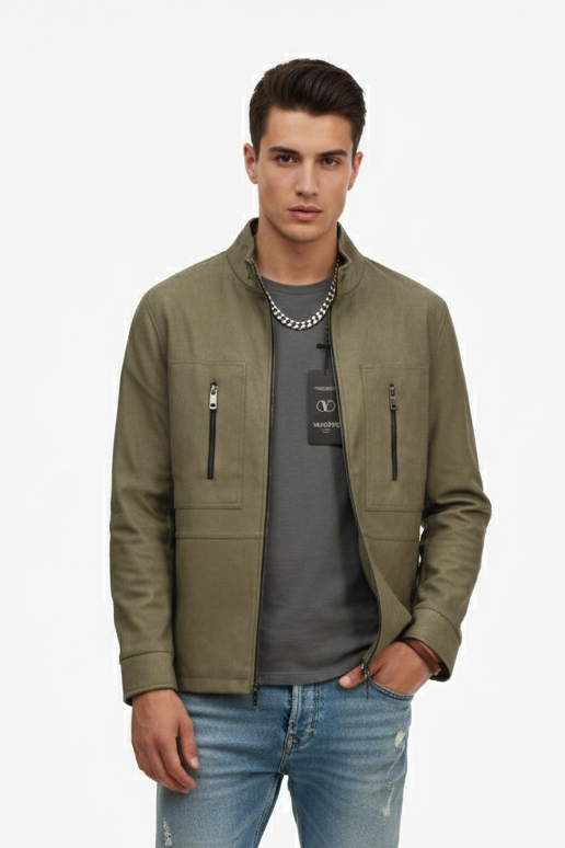 Man wearing a green jacket over a gray shirt with a white background